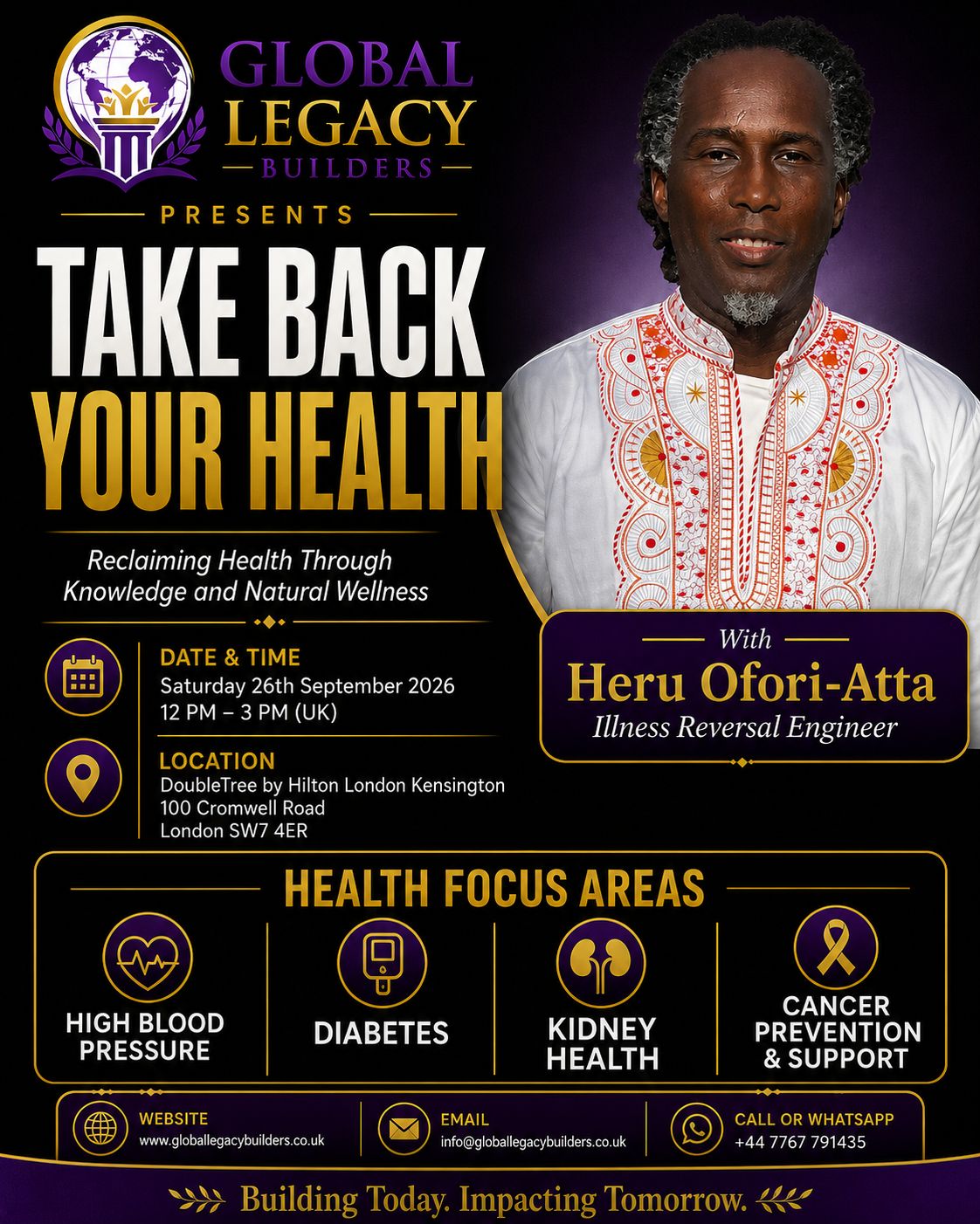 Take Back Your Health — event flyer with Heru Ofori-Atta, Saturday 26 September 2026, DoubleTree by Hilton London Kensington